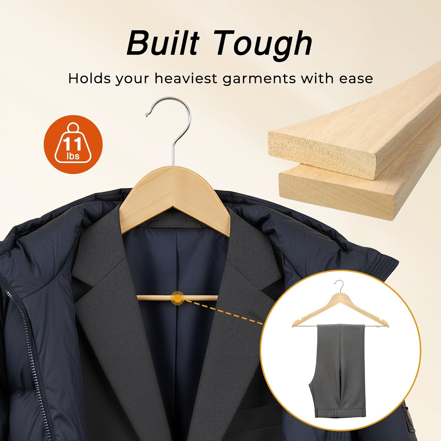 HOUSE DAY Slim Wooden Hangers 30 Pack, Solid Wood Hanger with Non Slip Shoulder Notches & Pant Bar, Smooth Finish Wood Clothes Hangers for Shirts, Suits, Jackets, Natural