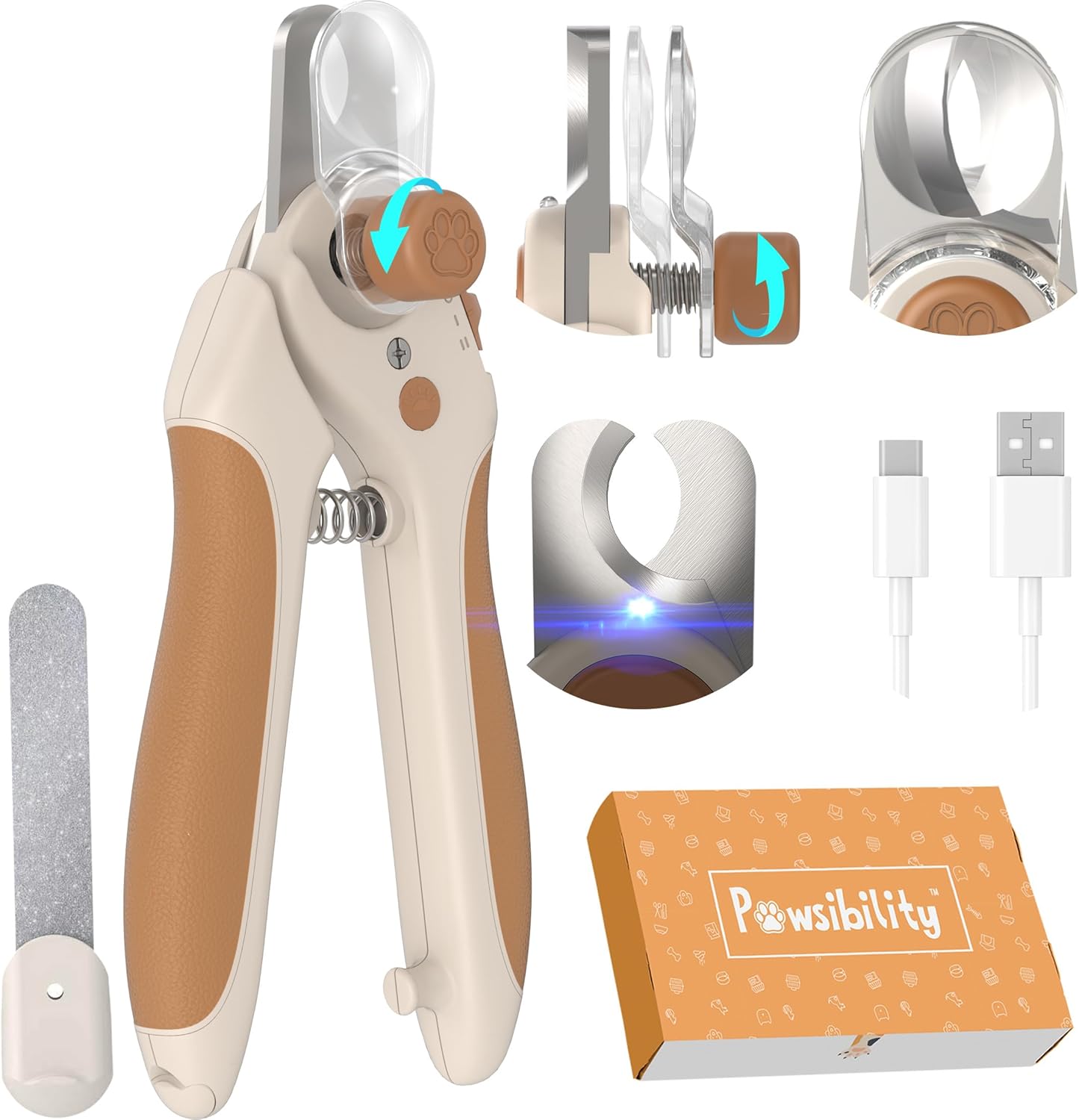 Pet Nail Clipper PRO 2026 -​​ ​​Quick-Vision LED Light | 2-Stage Adjustable Professional-Grade Blade | Adjustable Magnifier Safety Guard – for Cats, Small, Medium and Large Dogs – Brown