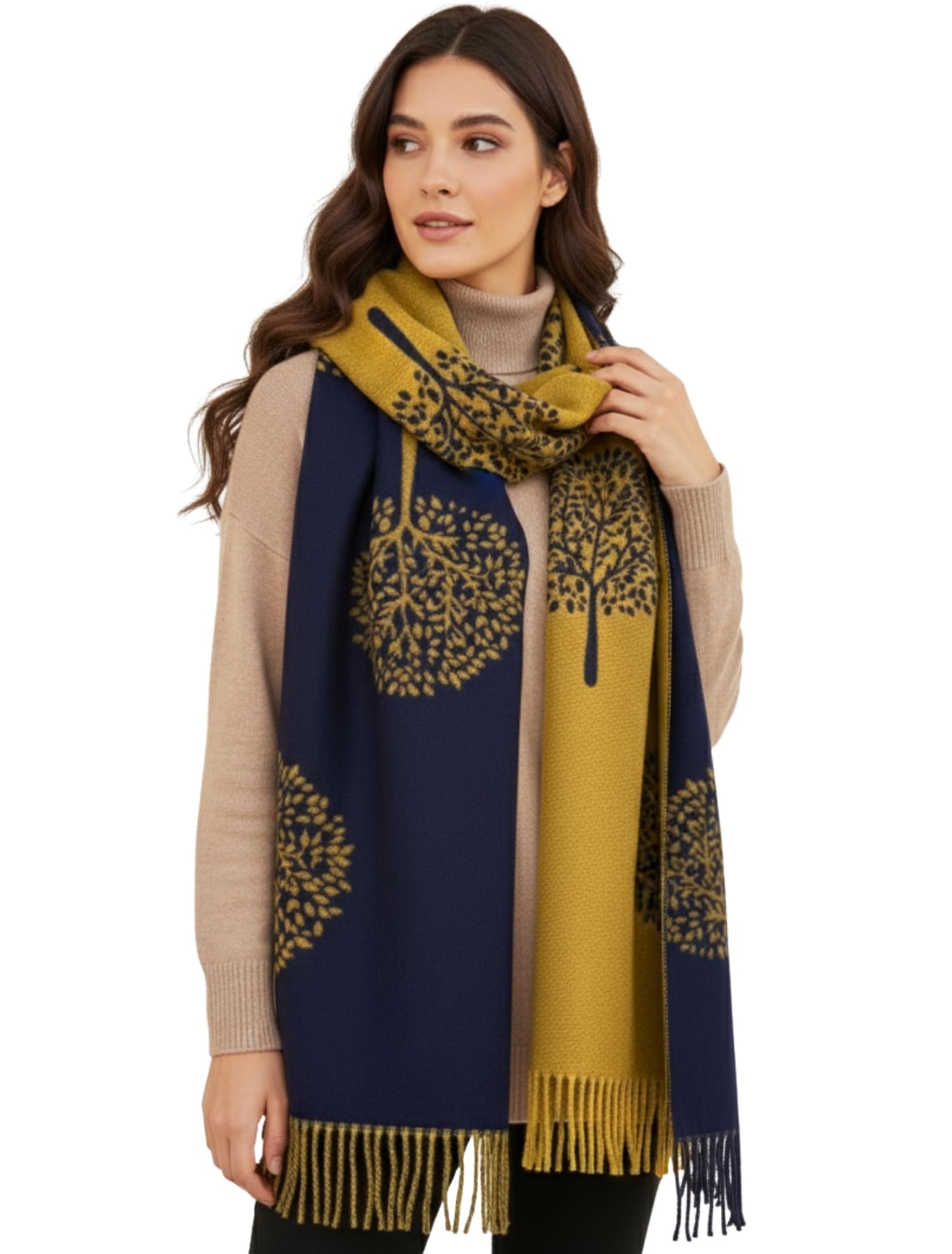 The Accessory Co. Women's Cashmere: Nv Mustard Tree Of Life Blanket Scarf - Winter Scarfs, Reversible Pashmina Shawl, Scarves And Wraps, Scarf Thick Blanket, Warm Scarf Big Large Wrap, Tree Life Gifts (Cashmere: Nv Mustard)