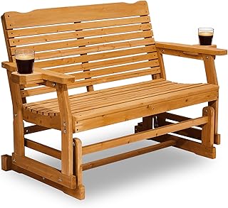 Outvita Patio Glider with Cup Holders, Wooden Outdoor Glider Bench with High Roll Back & Deep Contoured Seat, Smooth Porch Glider Loveseat Heavy Duty 800 Lbs, Teak Brown