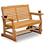 Outvita Patio Glider with Cup Holders, Wooden Outdoor Glider Bench with High Roll Back & Deep Contoured Seat, Smooth Porch Glider Loveseat Heavy Duty 800 Lbs, Teak Brown