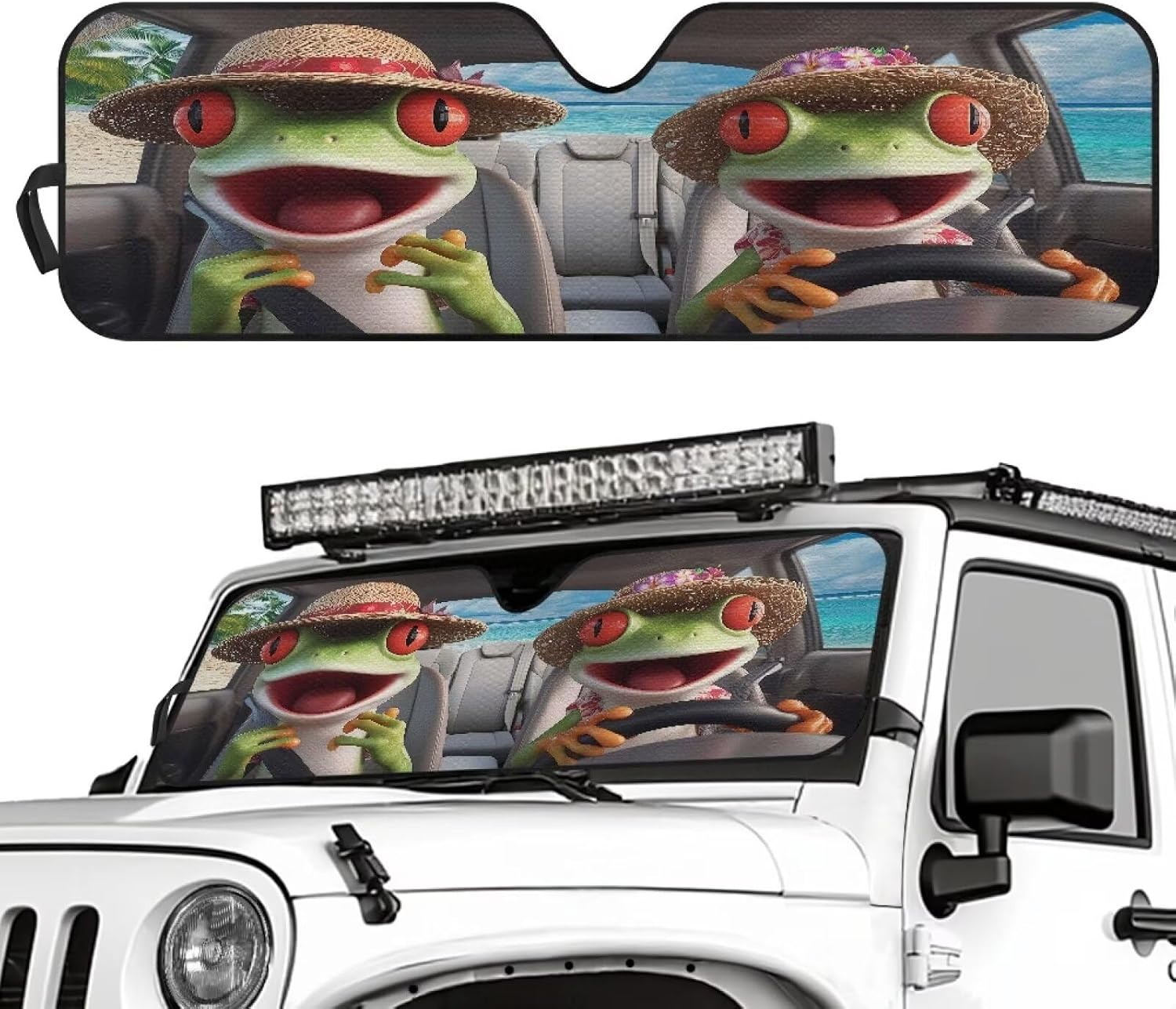 Funny Frog Front Windshield Shade for Sun Compatible with Wrangler Rubicon Sahara TJ JK JKU 2 & 4 Door Foldable Sunshade Keep Car Interior Cooler Blocks UV Rays and Heat