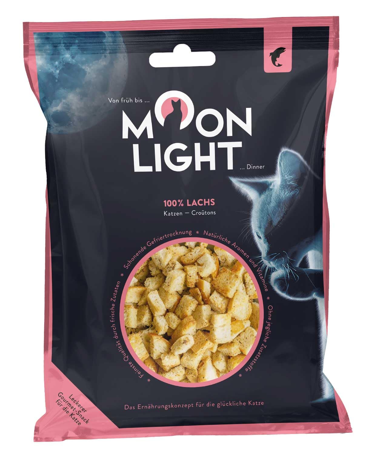 Moonlight Katzen-Croutons, 1 Päckchen – Lachs, gefriergetrocknet, 100% Lachs, Premium Katzensnack & Topping, kross & pur, ohne Getreide & Zucker
