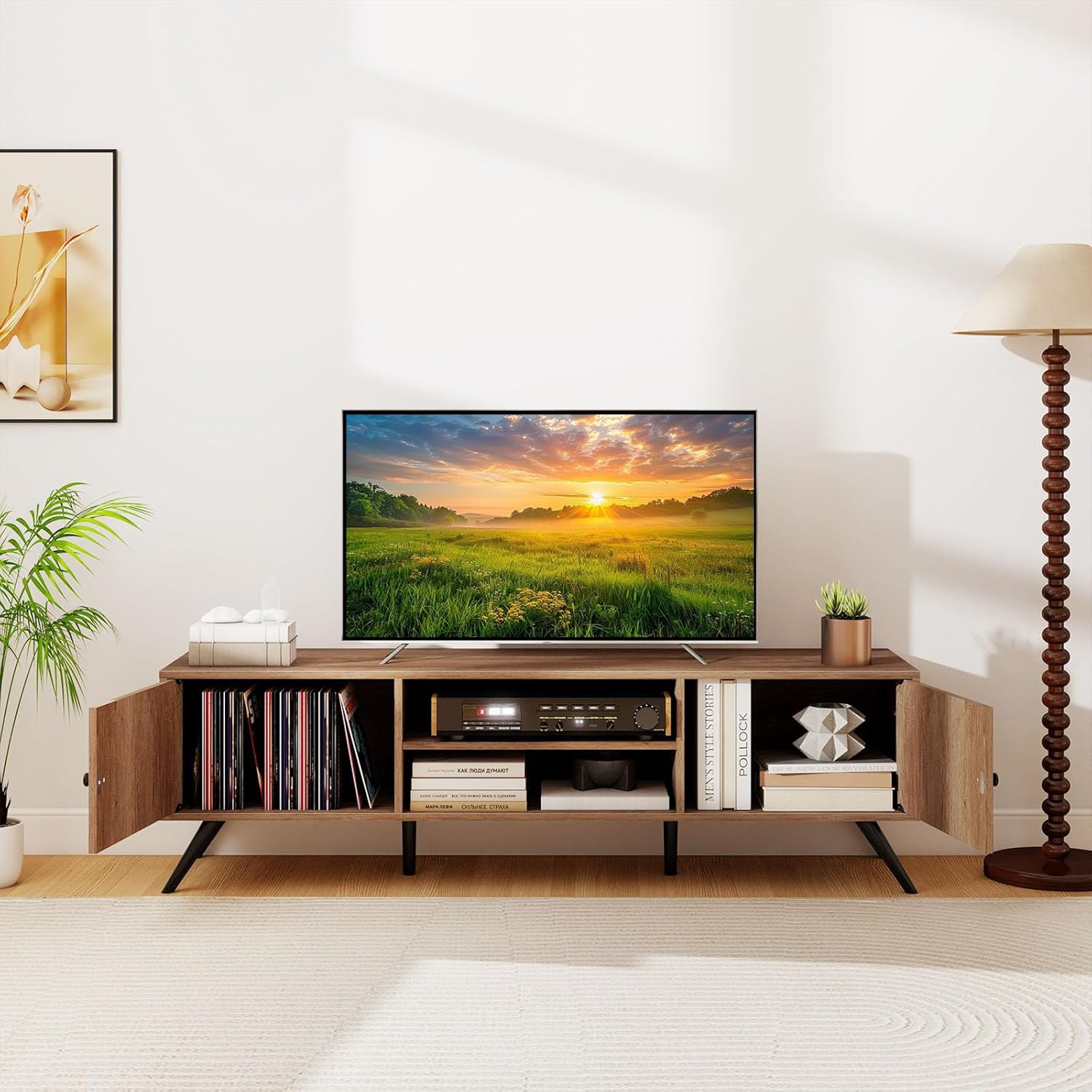 Tangkula 2-Door TV Stand for TVs up to 65”, Mid Century Modern Entertainment Center with 2 Storage Cabinets & Open Shelves, 59” Long Media Console Cabinet with Cable Hole for Living Room (Oak, 59”L)