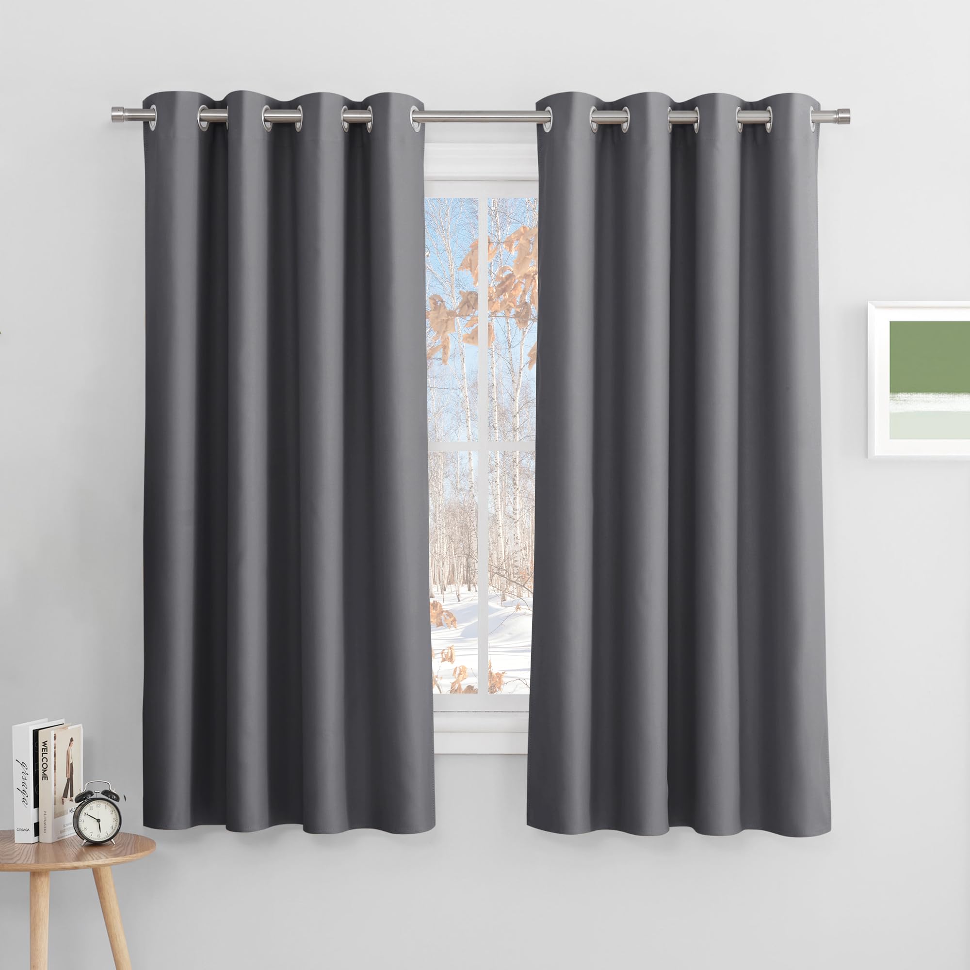 PONY DANCE Tende Cameretta Bambina - Tende Oscuranti per Interni Tende Corte con Anelli Tenda Termica Isolante Tende per Salotto Eleganti 2 Pezzi L 132 x A 158 cm, Grigio
