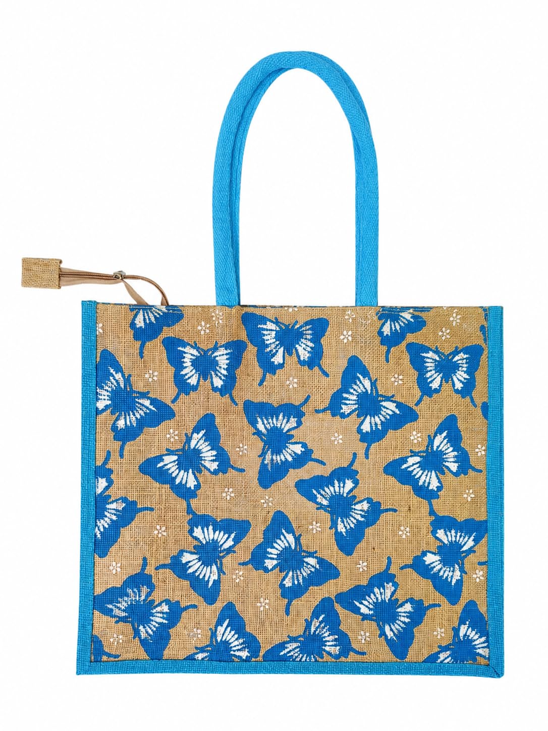 Blue Butterfly Print Jute Tote Bag for Women | jute hand bag | Reusable Shopping Bag with Zip Closure & Inner Pocket | Eco-Friendly Grocery, Office & Travel Handbag | 43 x 38 x 14 cm-picture-38