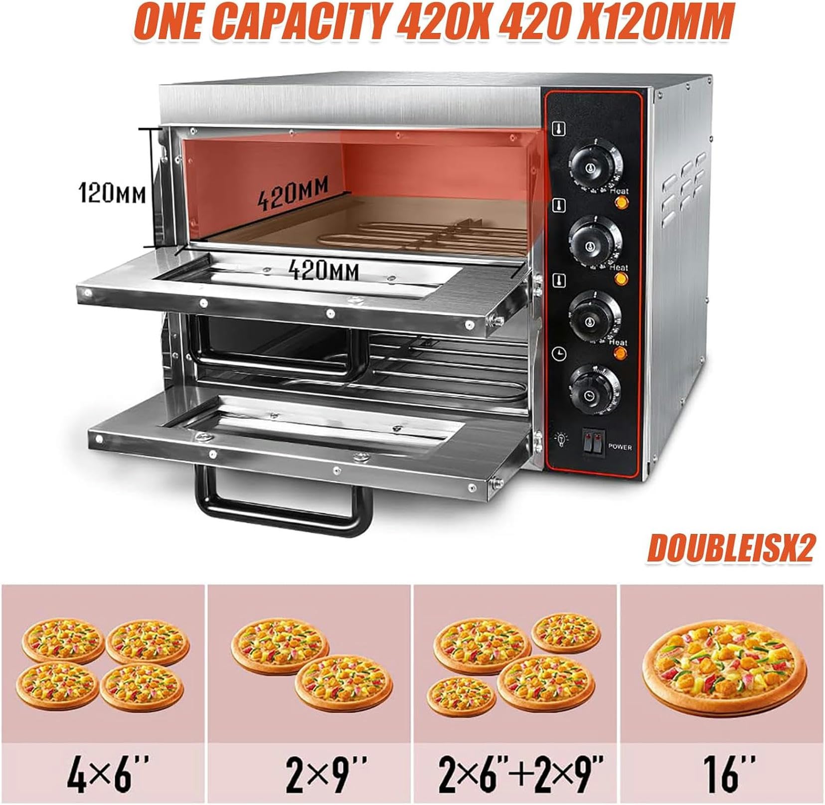 Komercyjny piec do pizzy, 16", podwójne pokłady, piekarnik elektryczny, toster, do pieczenia, pojemność 40 l, stal nierdzewna do restauracji, domu, do pizzy, chleba, ciast, grilla, deserów, kebów