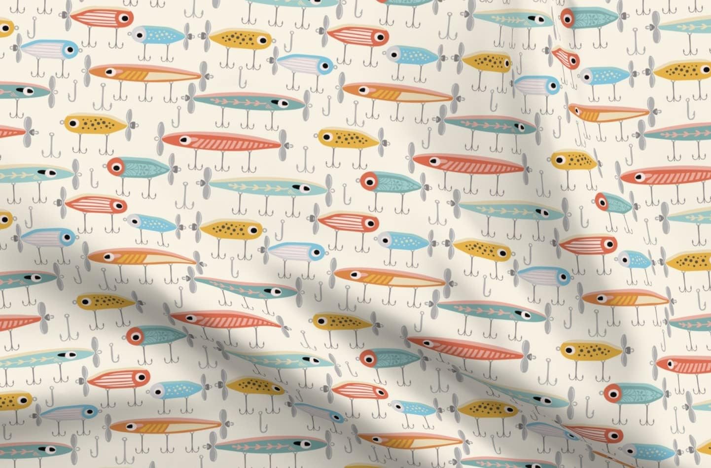Spoonflower Fabric - Lake Fishing Camping Bait Tackle Topwater Lure Fish School of River Printed on Petal Signature Cotton Fabric Fat Quarter - Sewing Quilting Apparel Crafts Decor