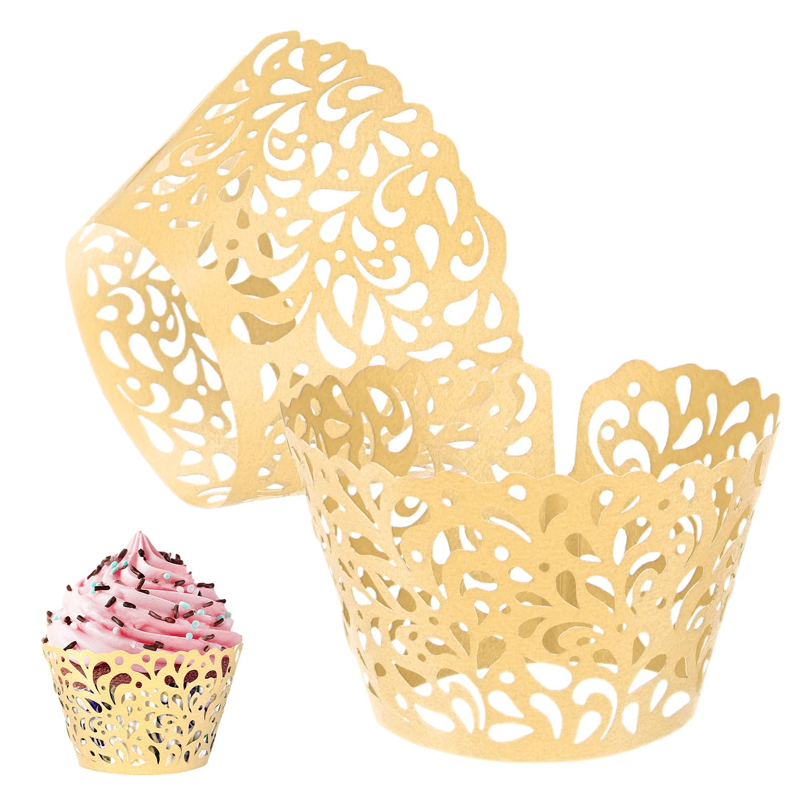 M METERXITY 50-Pack Cupcake Wrappers, Pearlescent Art Paper, Water Drop Lace Hollow Out Cupcake Liners for Wedding/Birthday Party Decoration, Bake Cake Paper[White Gold]