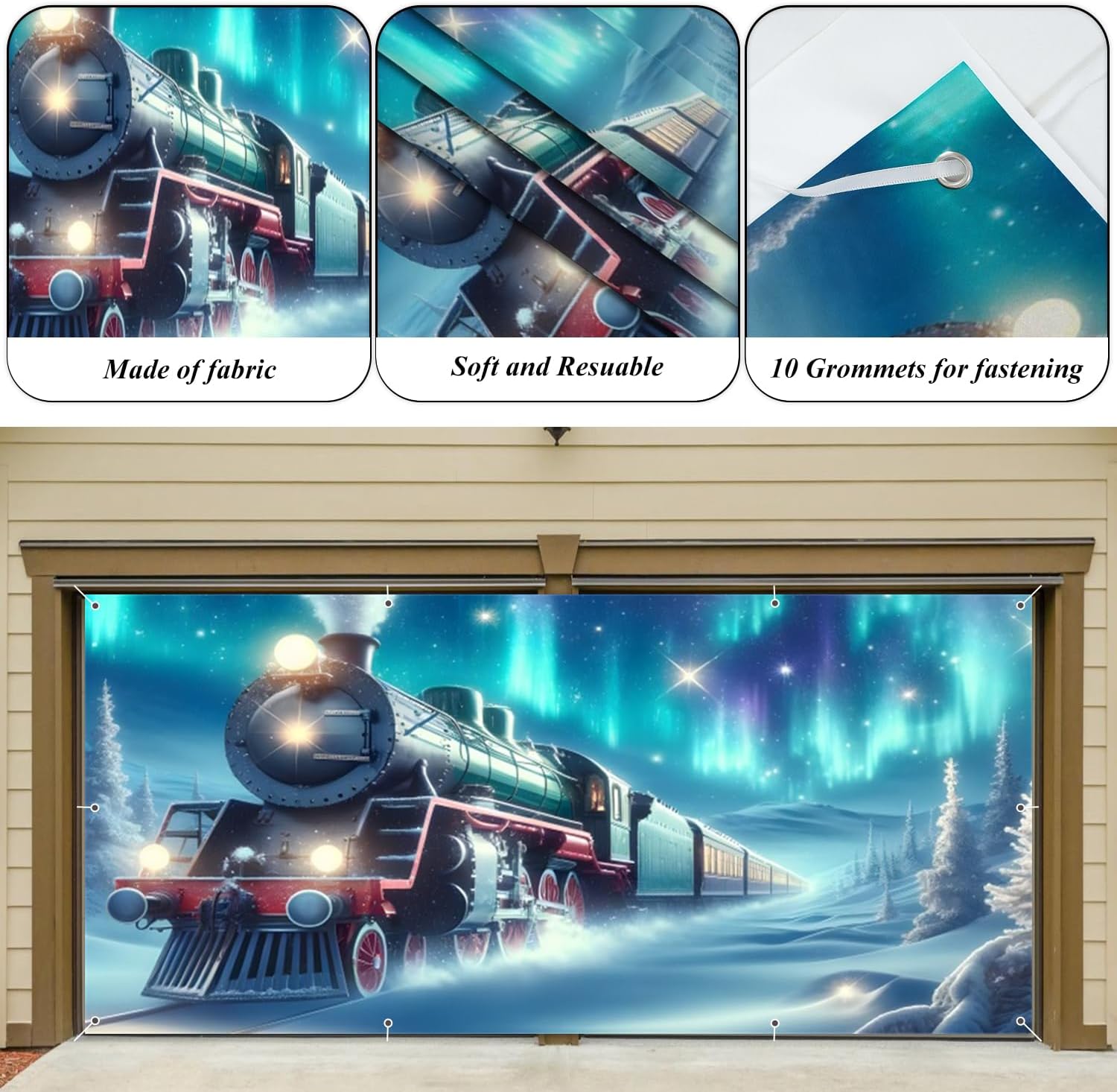 Winter Train Garage Door Cover 7x16ft Fabric Christmas Garage Door Banner for Party Decoration,Kids Christmas Birthday Backdrop Merry Xmas Festival Celebration