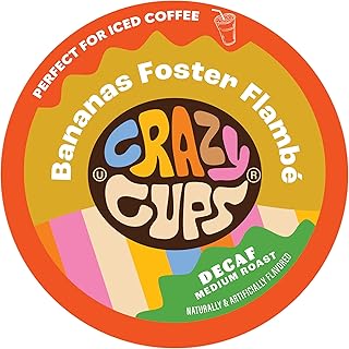 Crazy Cups Decaf Banana Coffee Pods, Decaffeinated Bananas Foster Flambe Flavored Coffee, Single Serve Hot or Iced Medium Roast Coffee for Keurig K Cups Machines, 22 Count