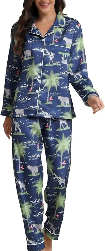 Satin Pajama Set for Women Silk Button Down Long Sleeve Sleepwear Sets Nightwear 2 Piece Lounge Pjs