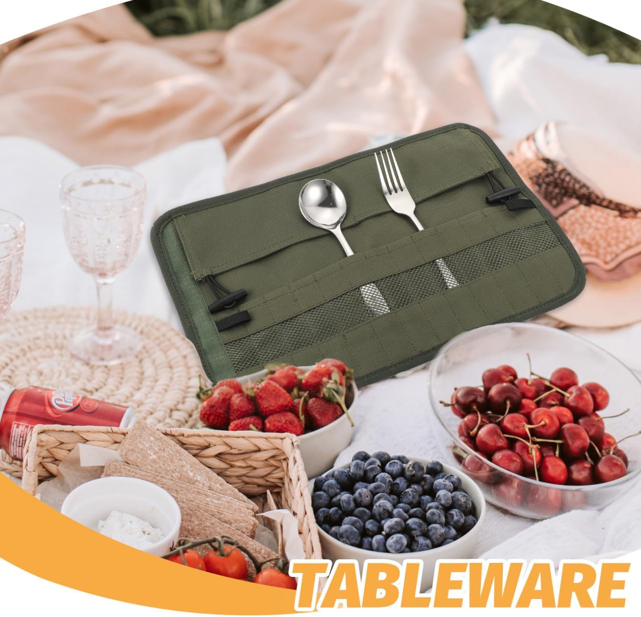 PRETYZOOM Camping Tableware Bag Portable Picnic Cutlery Roll with 13 Slots Oxford Cloth Flatware Organizer for Forks Spoons Chopsticks Outdoor Camping Hiking Barbecues Beach Trips image 2