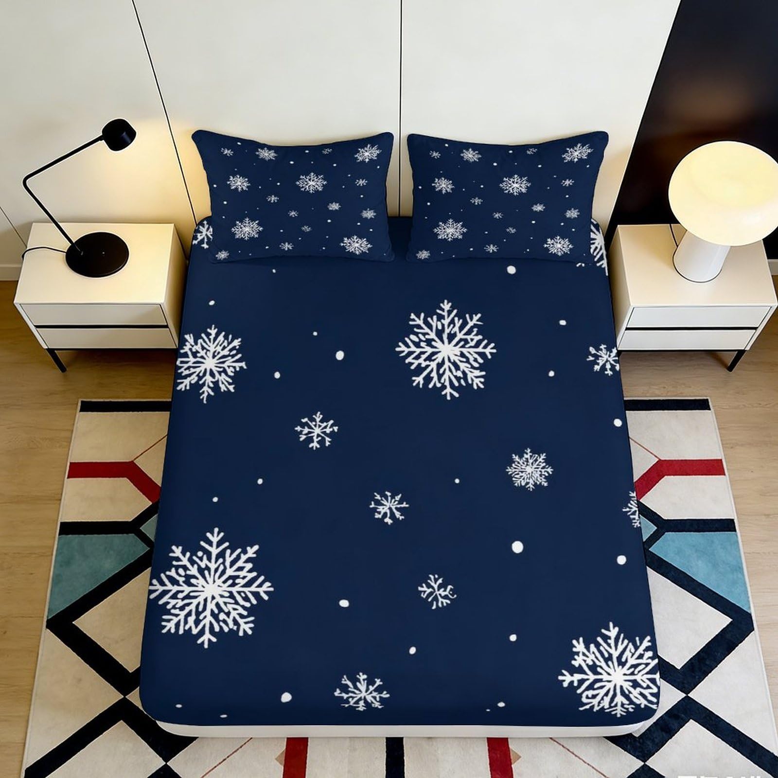 3D Printed Snowflake Fitted Sheet Microfiber Deep Pocket Non-Slip Elastic Hem Snowflake Mattress Fitted Cover Bedroom Bedding 160x200x25cm