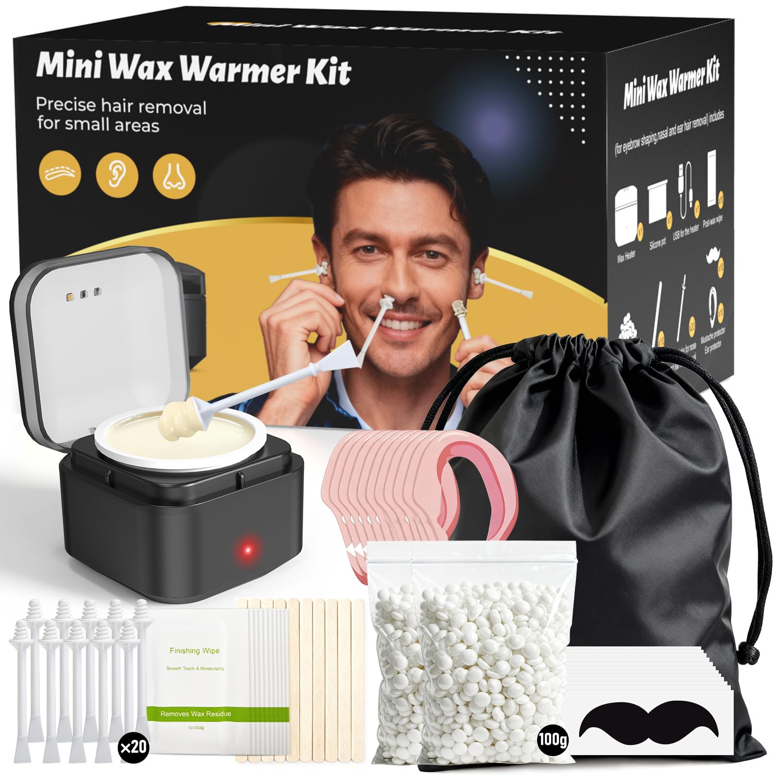 Nasenhaarentferner Nasenhaar Wachs, Nasen Waxing-set: Wachs Nasenhaare entfernen - Nasenwachs Männer Frauen, 100g Nasen Wax mit Mini Wachswärmer, 20 Stäbchen zur Ohr Nasen Augenbrauen Haarentfernung