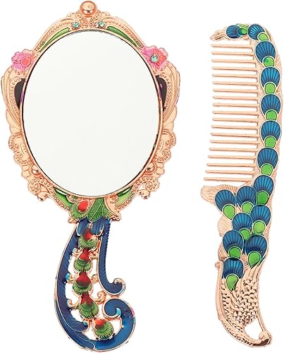 Miniatura 10 de Uonlytech Espejo de aumento de mano, espejo de maquillaje vintage, espejo de maquillaje y peine antiguo, espejo cosmético, cepillo para el cabello,