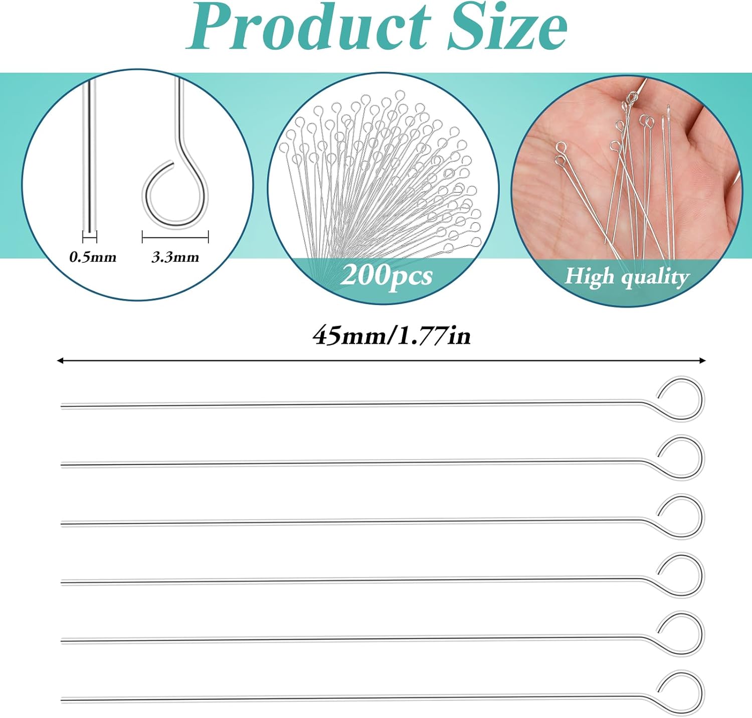 200Pcs Mini Stainless Steel Wire Eyepins 45mm Beading Small Open Eye Head Pins Needles Mini Metal Wire Eyepins for DIY Jewelry Craft Bead Earring Pendant Necklace Bracelet Keychain Making - Image 2