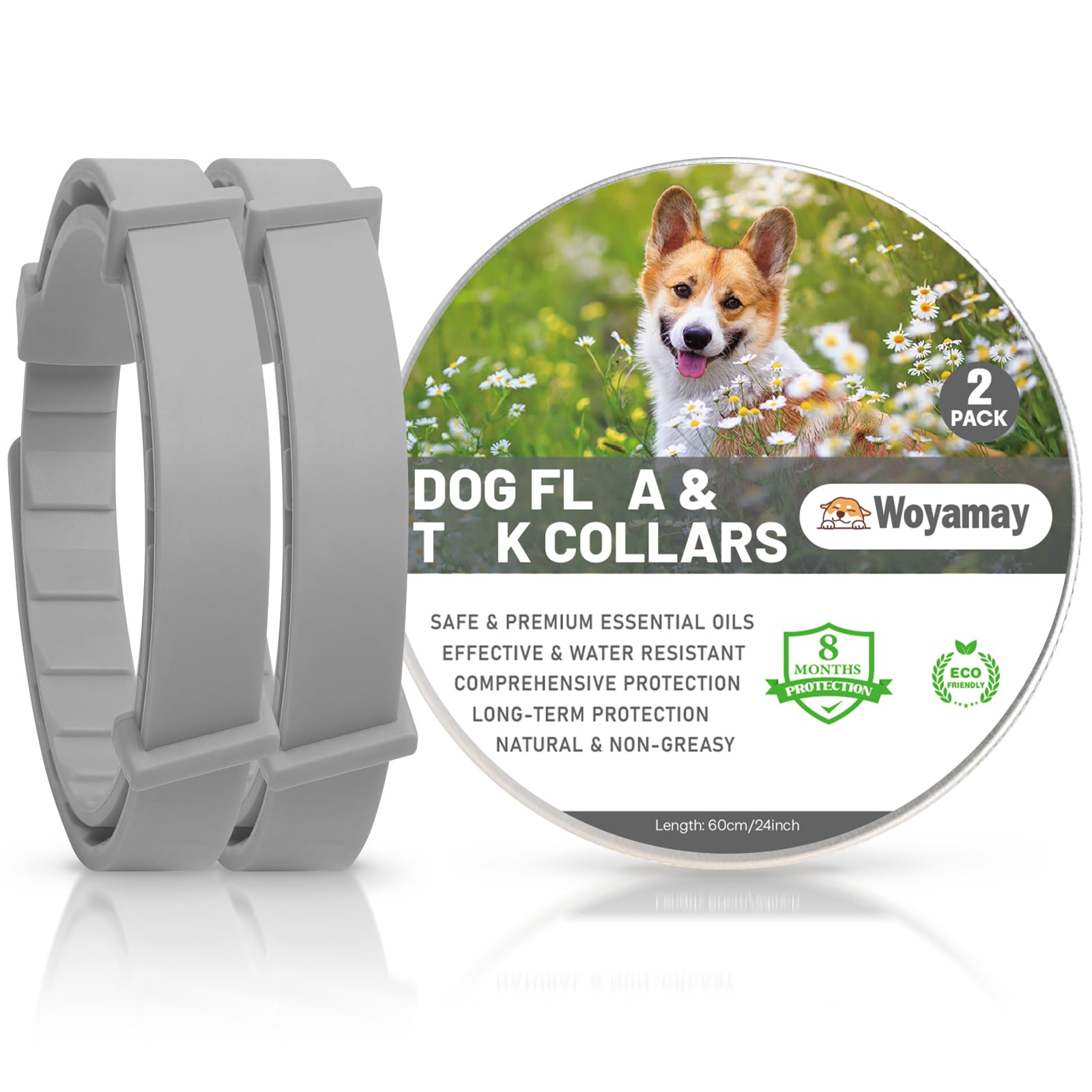 Collares Antiparasitarios para Perros, Seguro y Eficaz Collar Antipulgas Perros contra Pulgas y Garrapatas, Protección de 8 Meses, Impermeable Collar para Pequeño Mediano Grandes Perros Gris, 2 Pcs