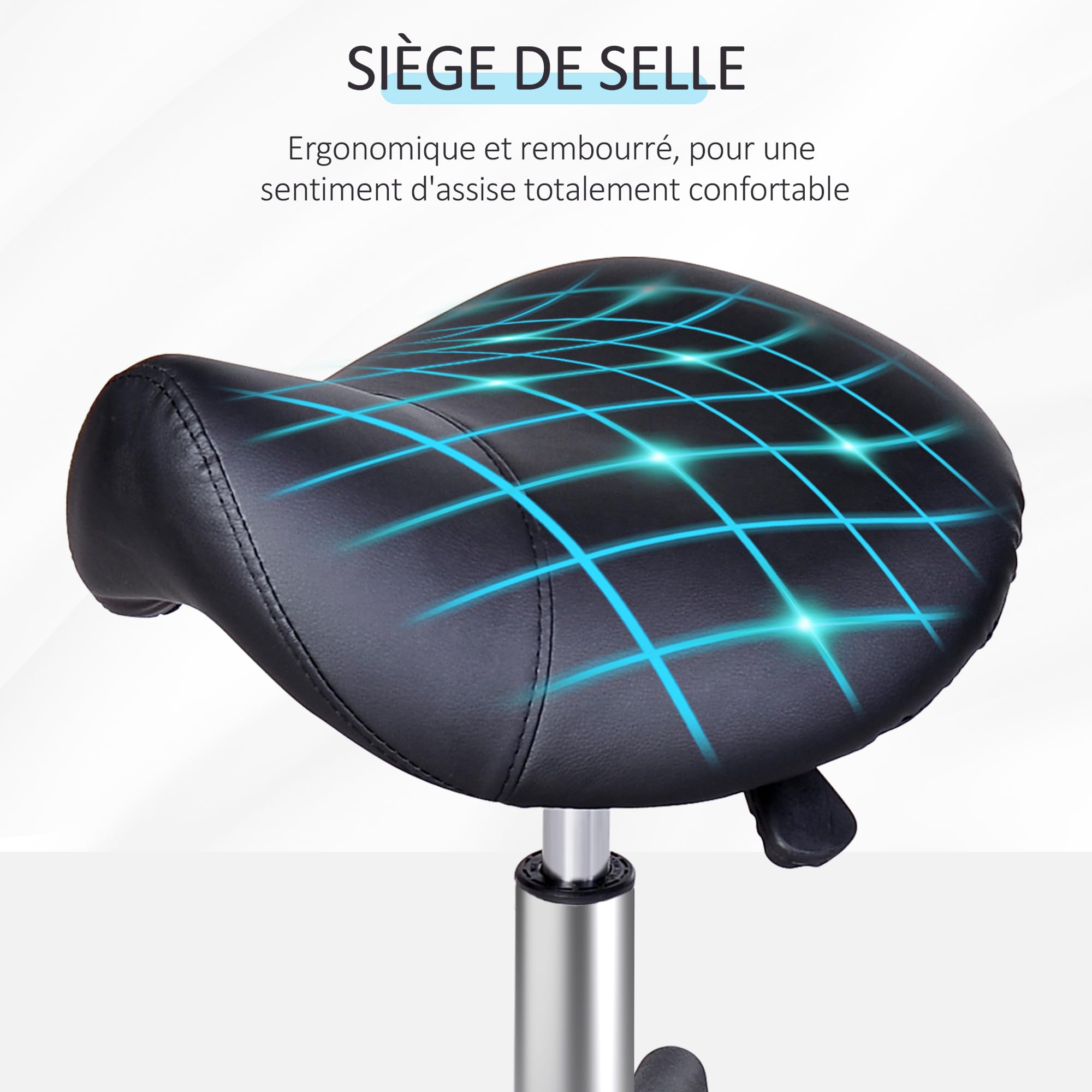 HOMCOM Tabouret à roulettes, Tabouret de Massage avec Hauteur réglable 43-55 cm et Selle Ergonomique, Chaise de Travail à roulettes pivotant 360°, pour Salon de Massage, Tatouage, Clinique, Spa, Noir