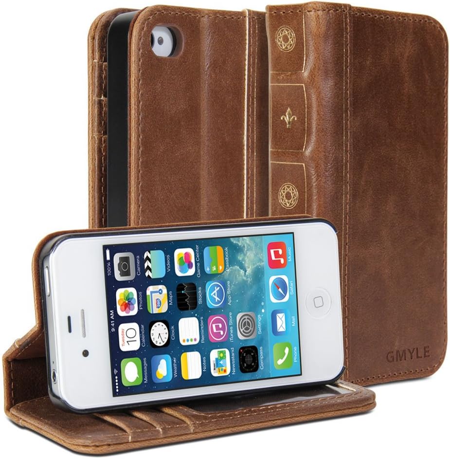 GMYLE iPhone 4S Wallet Case, Book Case Vintage for iPhone 4 4S - Brown Classic [Crazy Horse Pattern] [PU Leather] Book Style Flip Folio Case Cover
