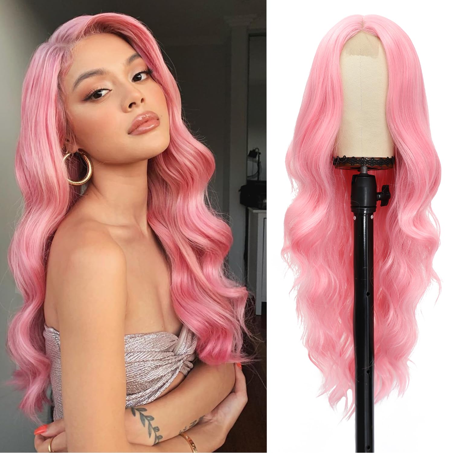 YESEGO Halloween Long Pink Wigs 26 Inch Curly Wigs for Women Wavy Middle Part Natural Looking Synthetic Lace Front Wig for Daily Cosplay Party Use, Pink