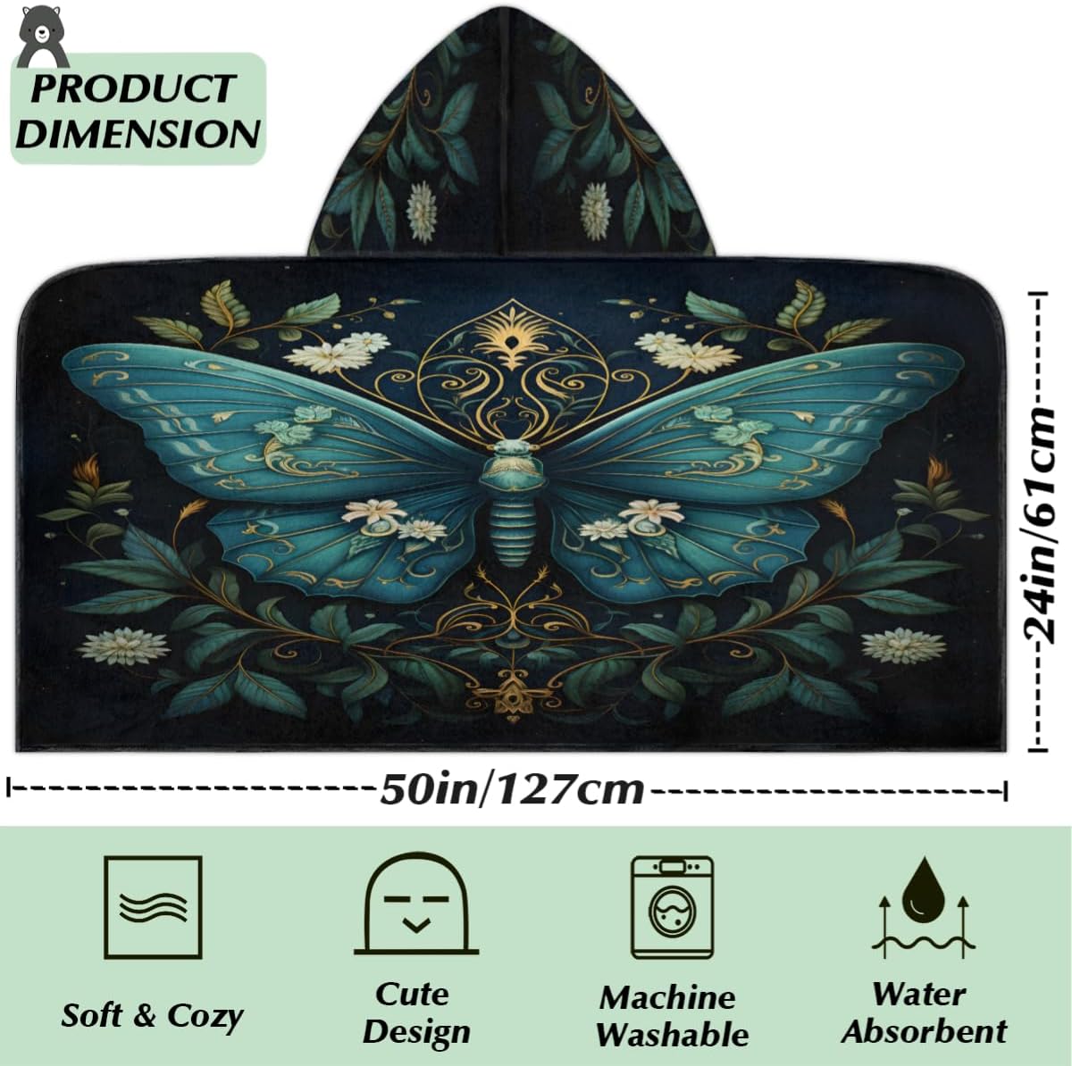 Pardick Kids Bath Towel Ethnic Butterfly Daisy Beach Towel with Hood Pool Cover Up for Girls Boys Soft Absorbent Hooded Bath Towel Toddler Towels for Beach, Pool