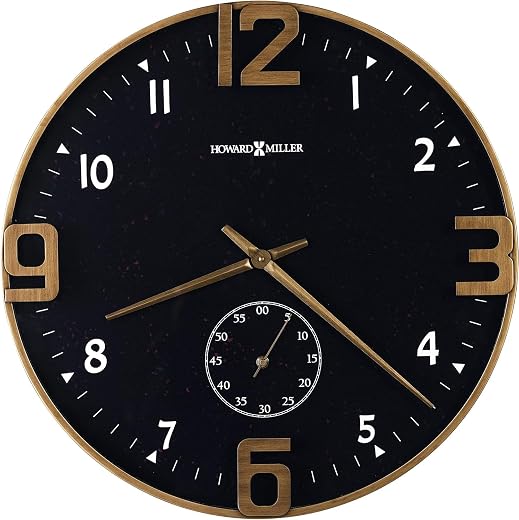 Howard Miller Homedale Wall Clock II, Charcoal Finish & Metal Construction, White & Brass Finished Arabic Howard Miller Homedale Wall Clock II, Charcoal Finish & Metal Construction, White & Brass-Finished Arabic Numerals, Aged Black Dial, Battery-Operated Quartz Movement, Metal Wall Clock