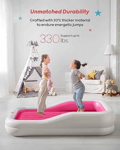 Miniatura 14 de QPAU Cama inflable de viaje para niños pequeños con parachoques de seguridad de 3 lados, colchón de aire extra grande para niños, incluye colchón