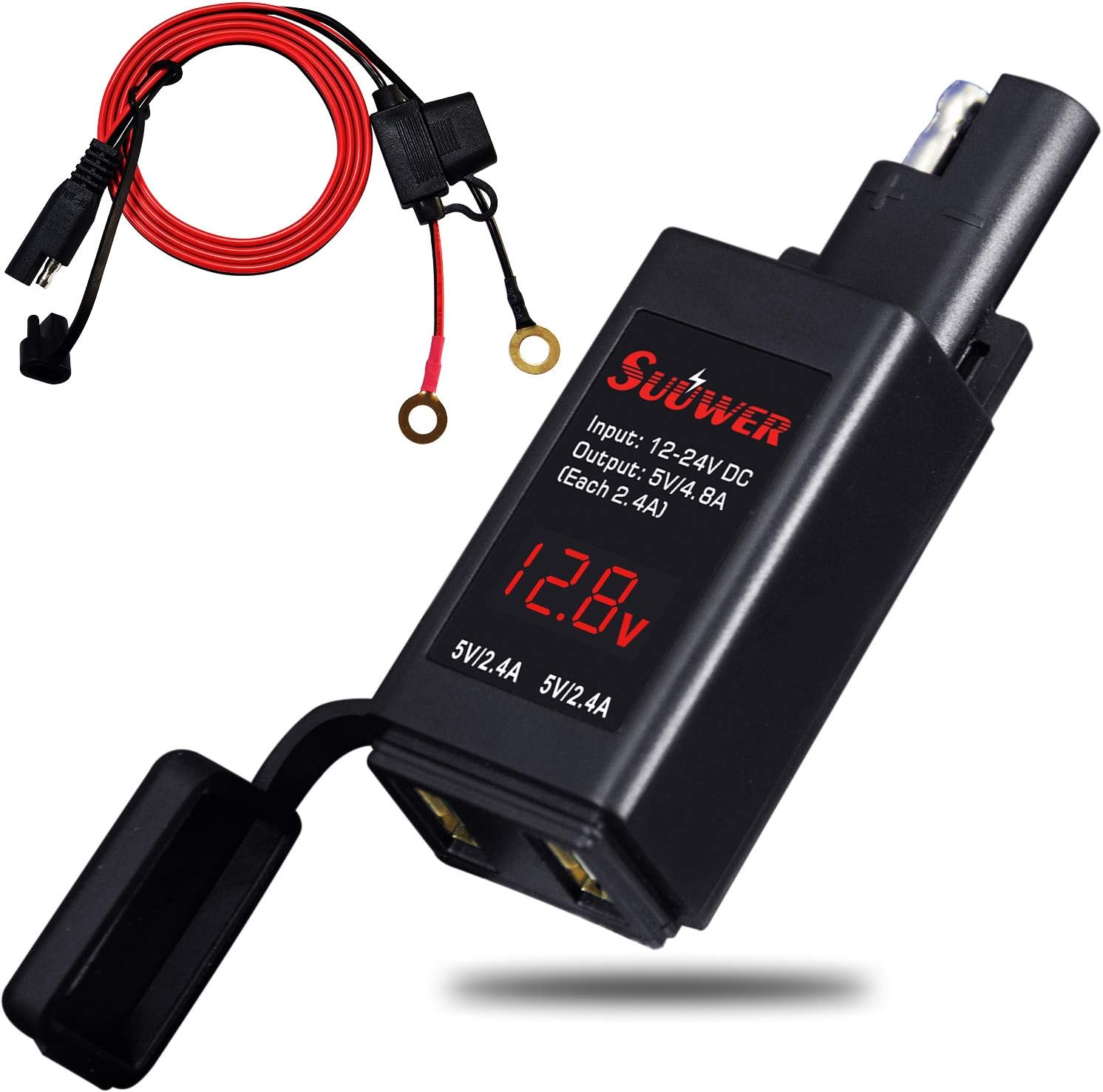 Suuwer 5V 4.8A Dual USB Motorcycle Charger - Quick Disconnect SAE Adapter with LED Voltmeter & ON/Off Switch
