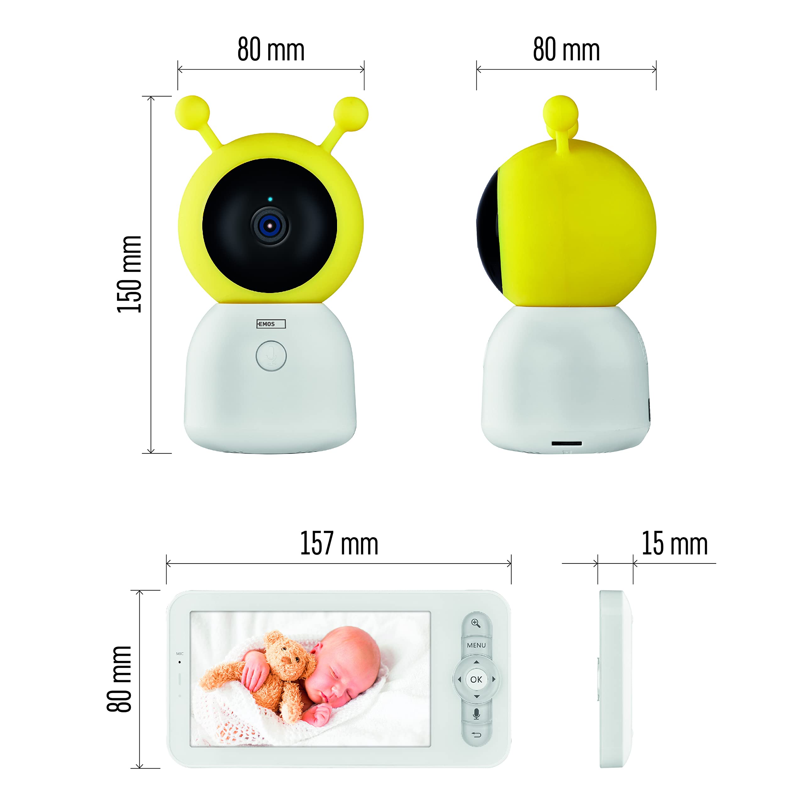 EMOS GoSmart Babyphone IP-500 Guard con monitor LCD da 5" e batteria da 3000 mAh, Wi-Fi e app, girevole, messa a fuoco, audio a 2 vie, visione notturna IR, sensore intelligente e funzioni di