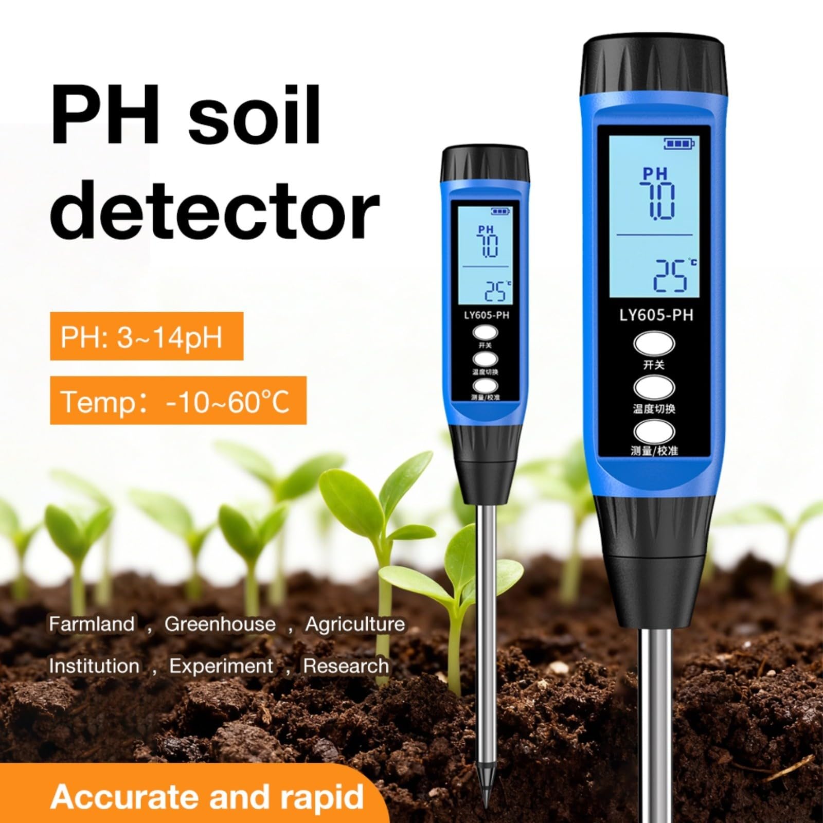 Digitaler Boden-pH-Tester mit LCD-Display, Messbereich pH 3-14 &