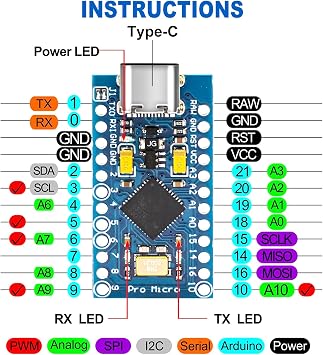 Pro Micro with 32u4 Chip Development Board Binghe Pro Micro 5V/16MHz Microcontroller Development Board with Built-in USB Updater Type-C Interface Compatible with Arduino IDE