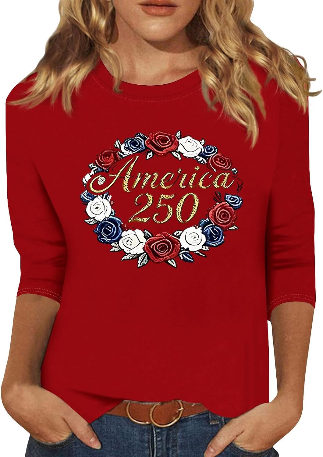 Women's 250 Anniversary USA Shirt, 3/4 Sleeve Crewneck 4Th of July Shirts Casual American Tops, S-3XL
