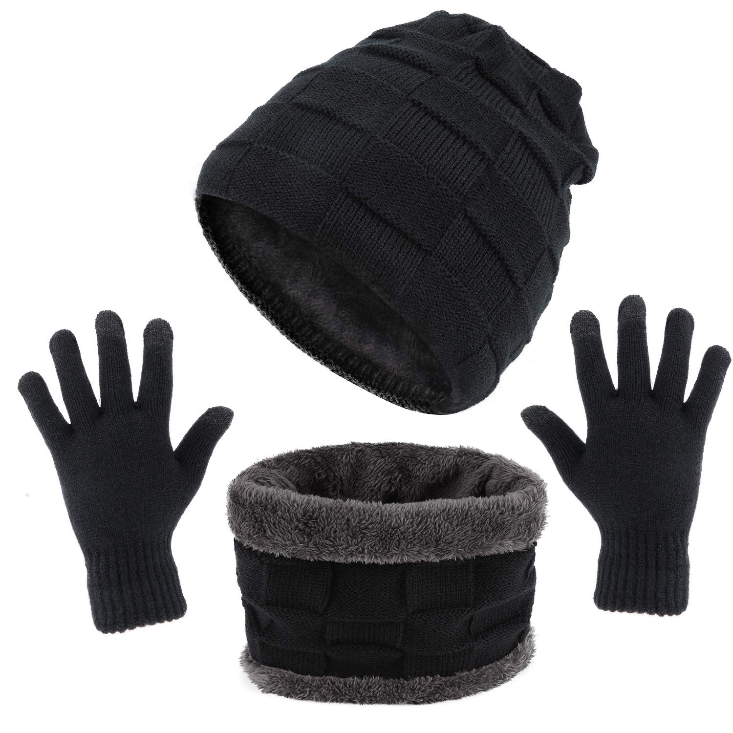 TAGVOWinter Unisex Beanie Hat Scarf & Touch Screen Gloves Set 3 in 1, Thick Soft Fleece Inner Great Warm, Stretchy Knitted Skiing Beanie Skull Cap, Neck Warmer, Touch Gloves for Outdoors Sports