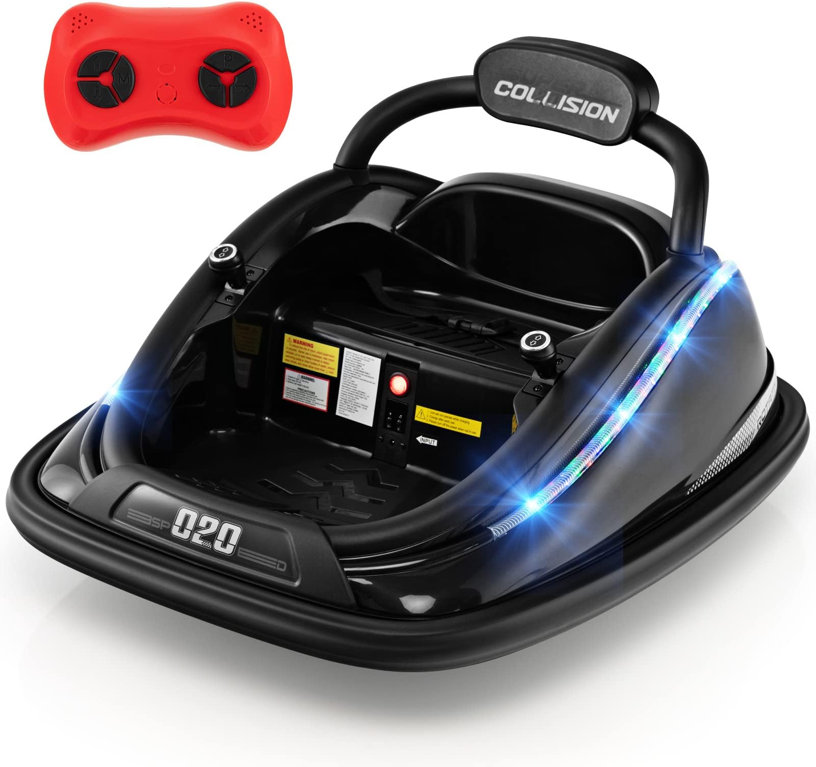 OLAKIDS Bumper Car for Toddlers, 12V Kids Electric Ride on Toy with Remote Control, Battery Powered Vehicle Racer for Baby, 360 Degree Spin Rotation, Colorful Flashing LED Lights, Music (Black)
