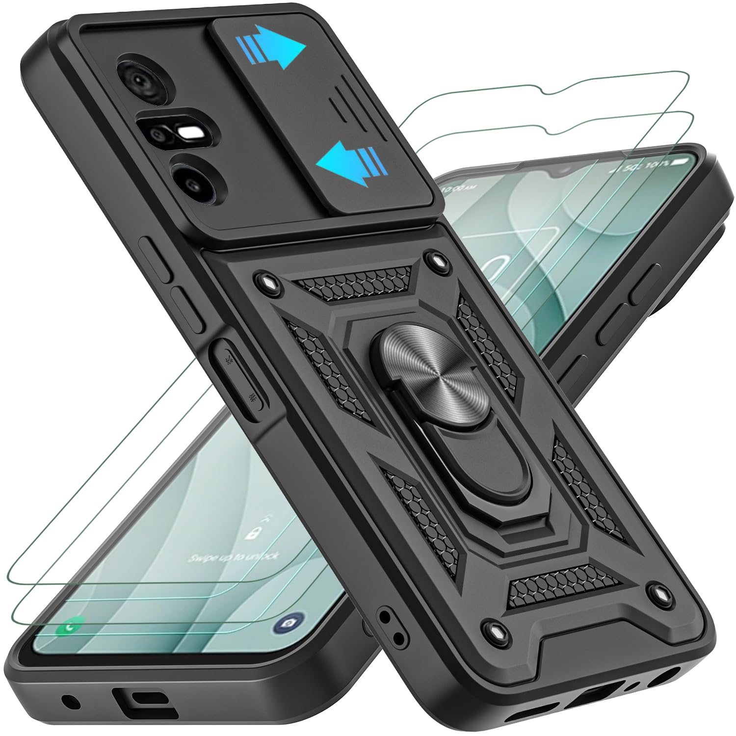 AKINIK for TCL 40 XE Case with Slide Camera Cover and 2pcs HD Screen Protector, 360° Rotation Ring Kickstand [Military Grade] Case for TCL 40 XE 5G (