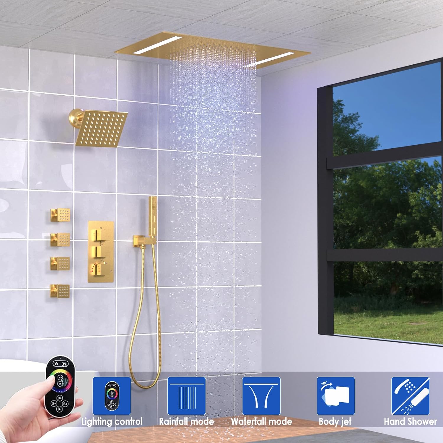 Brushed Gold Dual Heads Shower Faucets Set Thermostatic Shower System, 4-Way Shower Fixture 14X20" LED Rainfall Shower Head with 6inch Wall Mount Showerhead, Dual-mode Handheld, 4 Jets with Shut-Off