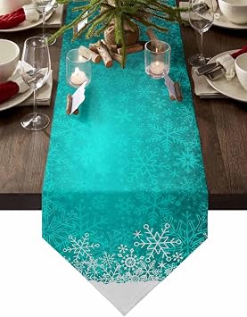 Teal Snowflakes Table Runner 90 inches Long Winter Xmas Teal White Nature Snow Scene Non-Slip Washable Burlap Table Linens for Family Dinner, Holiday Parties, Wedding, Gathering Tabletop Decorations