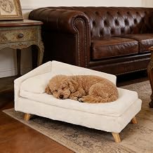 Elevated Dog Bed Couch Sofa Wooden Dog Chair with Bolster Cushion for Small Dogs Cats Cute Pet Chaise Soft Cushion Washable, 31.7 x 18.9 Inches