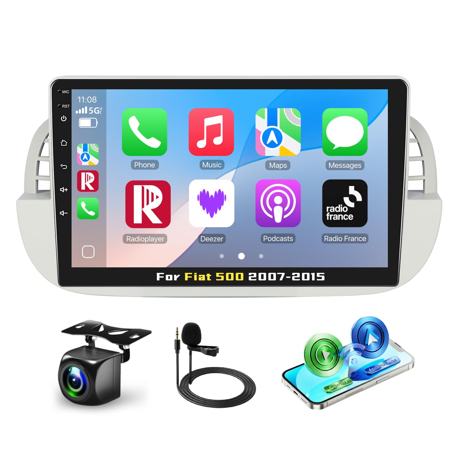 Podofo Carplay radio samochodowe do FIAT 500 2007-2015, ekran dotykowy 9 cali 2G + 64G z bezprzewodowym Carplay Android Auto, Bluetooth/GPS/WiFi/FM/RDS/SWC/HiFi/USB + kamera cofania