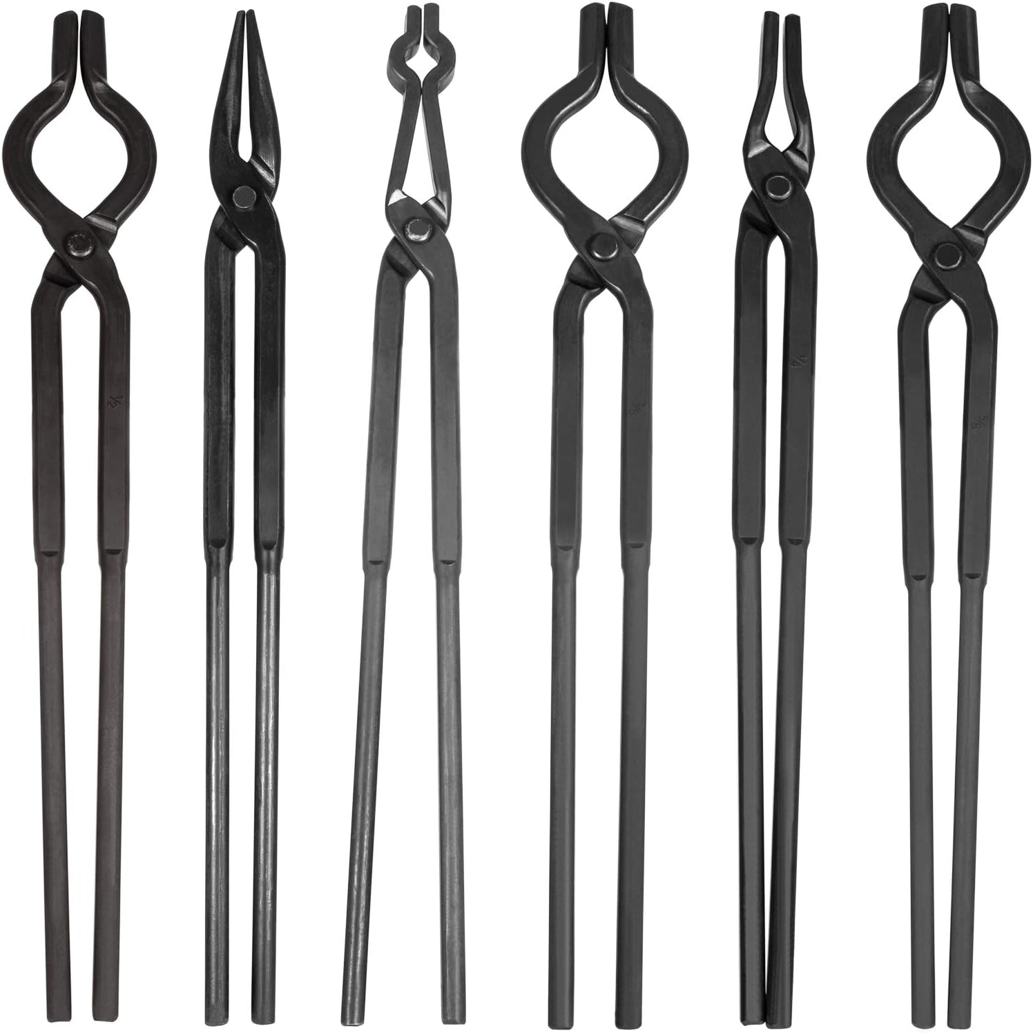 Beginner Blacksmith Tongs Set Blacksmithing Forge Tools Starter Kit Includes 3/8 1/2 5/8 V-Bit Tongs, 1/4 Flat Jaw Tongs, Pick Up Tongs, Scroll Tongs (6 Pcs) for Knife Making