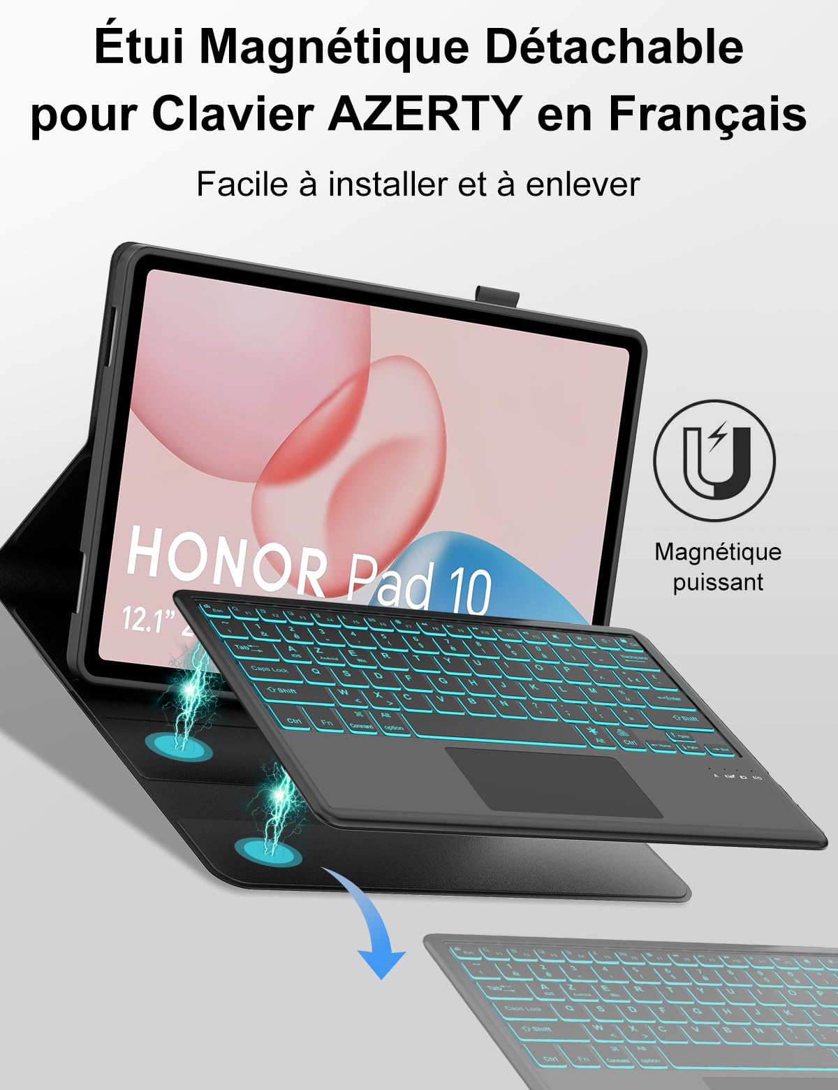 FOGARI Etui klawiaturowe do Honor Pad 10 WiFi Tablet 12,1" 2025 | AZERTY Francuska podświetlana klawiatura magnetyczna klawiatura bezprzewodowa Bluetooth do Honor Pad 10 2025 12.1", czarna