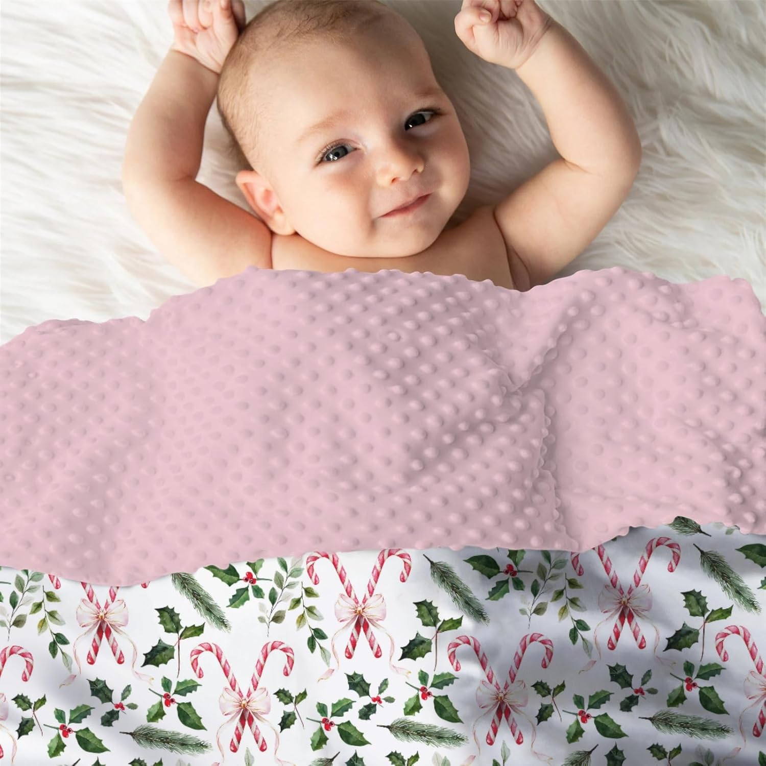 Mink Baby Girls Blankets Christmas Candy Cane Pink Bow, Xmas Holly Berry Pine Leaf Soft Double Layer Dotted Backing Receiving Swaddle, Newborn Infant Toddler Nursery Crib Bedding Shower Gift 30" x 40"