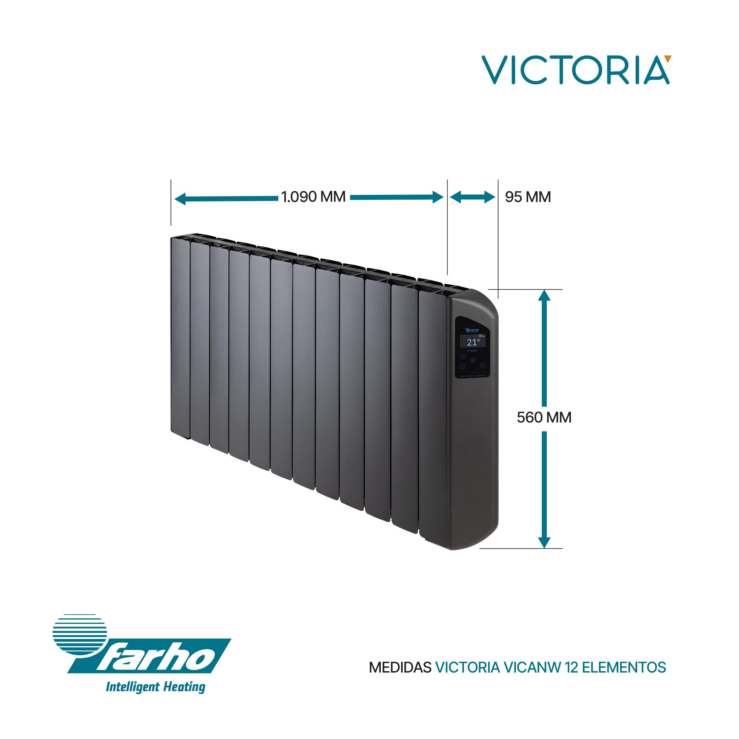 FARHO Victoria WiFi Radiatore Elettrico a Inerzia Fluida 2000W, 12 Elementi in Alluminio. Emettitore Termico a Basso Consumo, Controllo da Smartphone, WiFi Integrato, Antracite