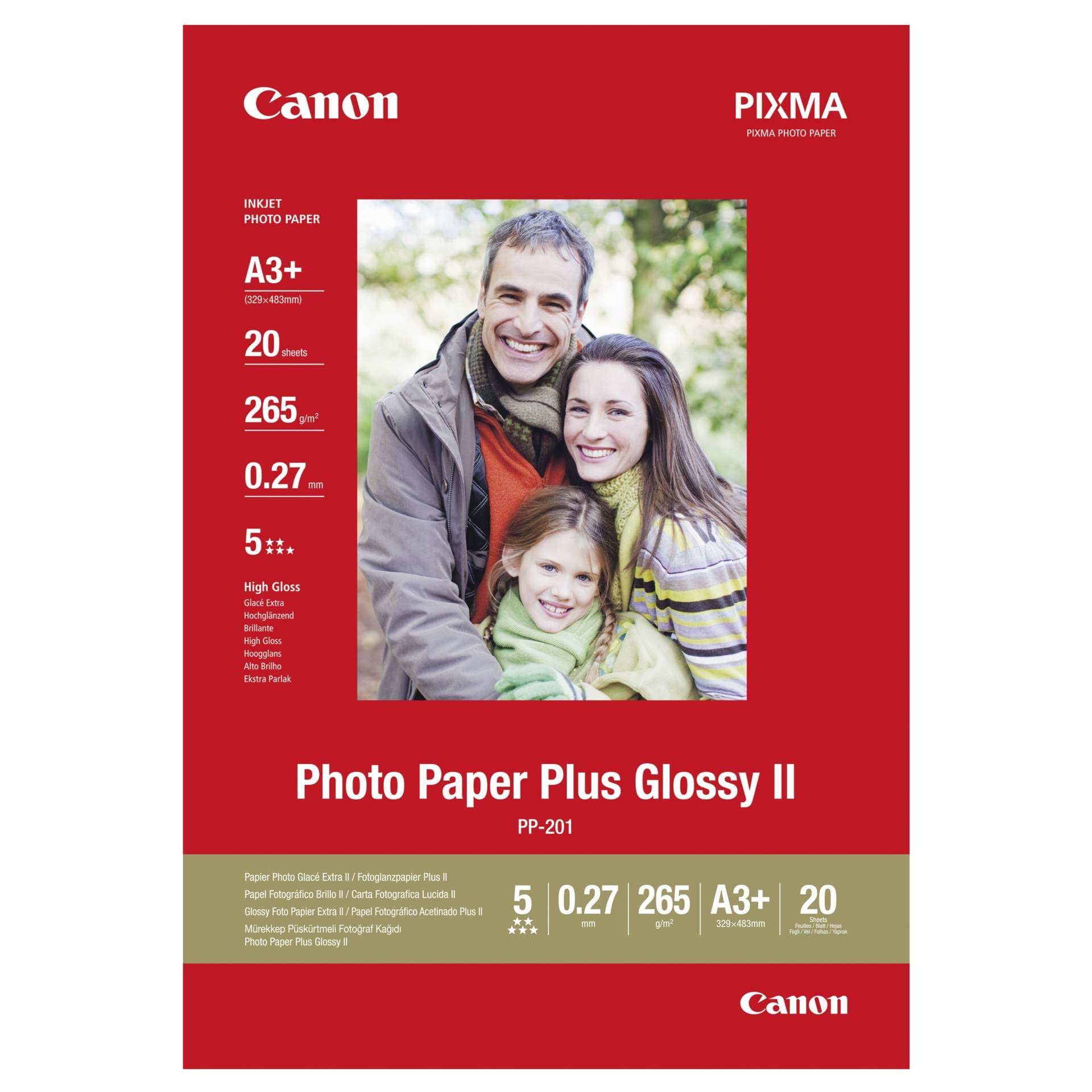 Canon PP-201 Glossy II - Carta fotografica Plus lucida A3+ 329 x 423 mm, 260 g/m², 20 fogli