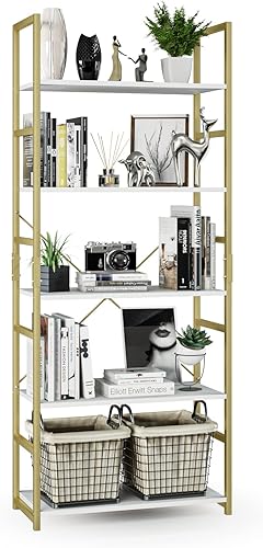 Miniatura 1 de NUMENN Estantería de 5 niveles, estantería alta para almacenamiento, estante moderno para dormitorio, sala de estar y oficina en casa, blancodorado