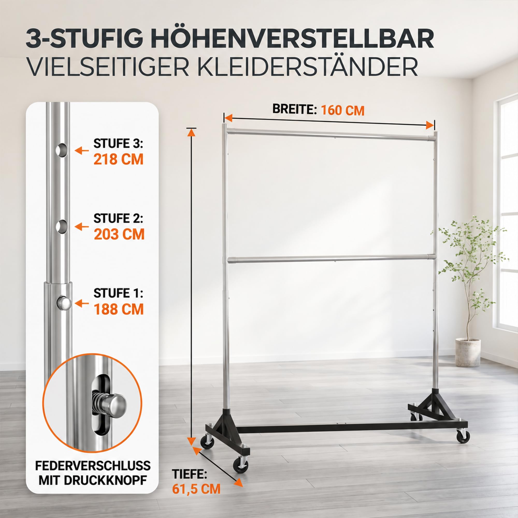 Kleiderständer, stabil, Kleiderstange mit Rollen, Z-Ständer, Schwerlast Kleiderständer, 3-stufig verstellbare Höhe, bis 270 kg belastbar, mit 2 Kleiderstangen, 218 * 61,5 * 158 cm, silber