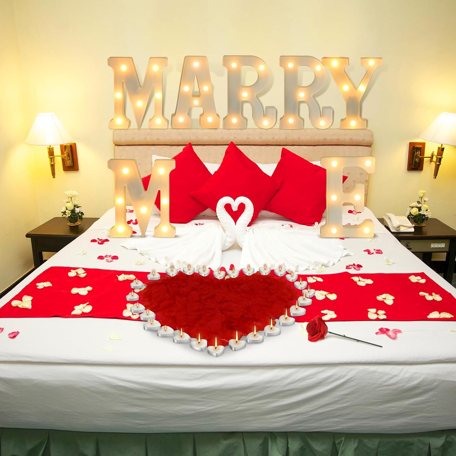 Romantic Proposal Decorations Kit Large Marry Me Letters Rose Petals Heart Shaped Candles Carpet Double Sided Tape Engagement Rose Ring Box for Proposal Engagement Wedding Table Decorations