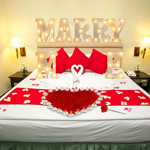 Miniatura 4 de Kit de decoración romántica para propuesta, letras LED, pétalos de rosa, velas en forma de corazón, alfombra de doble cara, cinta de compromiso,