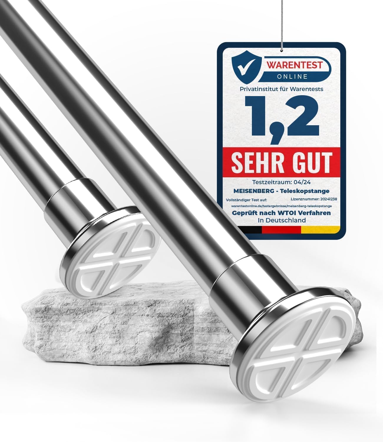 MEISENGERG Bastone Tende a Pressione Estensibile 360-410 cm - Asta Telescopica per Tenda da Doccia, Montaggio Senza Foratura, Adatta per Bagni, Armadi e Cucine - Argento, Diametro 32mm, Acciaio Inox